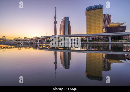 Skyline von Tokyo City durch den Fluss in der Dämmerung Stockfoto