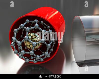 Medizinische nanoparticle. Konzeptionelle Abbildung mit einem modifizierten-release Dosierung Kapsel mit einem C60-Fulleren (blau) dotiert mit einem anderen Atom (Gold). Es wird angenommen, dass es sich eines Tages die Fähigkeit von buckyballs zu trap Atome innerhalb der medizinischen Gemeinschaft profitieren könnte. Sie können beispielsweise verwendet werden, um Medikamente für bestimmte Gewebe und Zellen zu liefern. Stockfoto