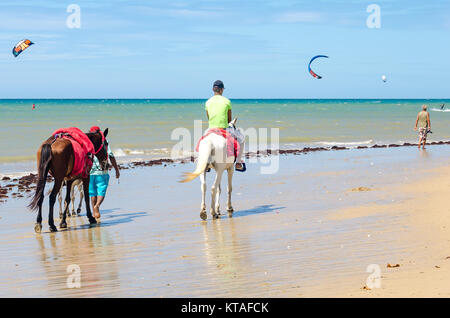 Cumbuco, Brasilien, May 9, 2017: Pferde reitet für Autovermietung in Cumbuco White Sand Beach in Brasilien Stockfoto