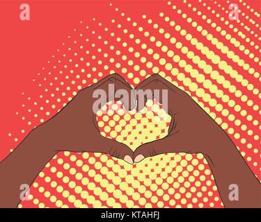 Pop Art Bild von Händen in der Form des Herzens. Das Konzept der Liebe und Freundschaft. Stock Vektor