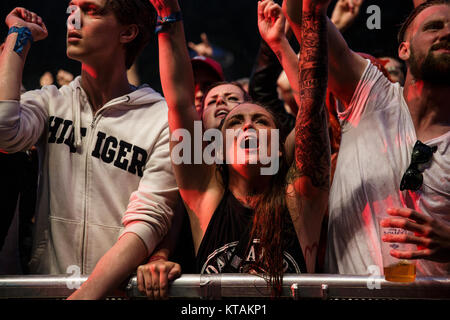 Enthusiastisch heavy metal fans verrückt an den skandinavischen Heavy Metal Festival Copenhell 2016 in Kopenhagen. Dänemark, 23/06 2016. Stockfoto