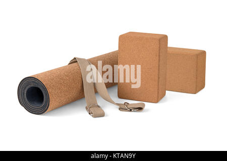 Yoga Cork Matte Set mit Bausteinen, Tragegurt und Umweltfreundlich Stockfoto