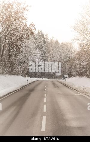 Sunny Winter Straße mit schönen weißen Schnee bedeckt Wald Bäume Stockfoto