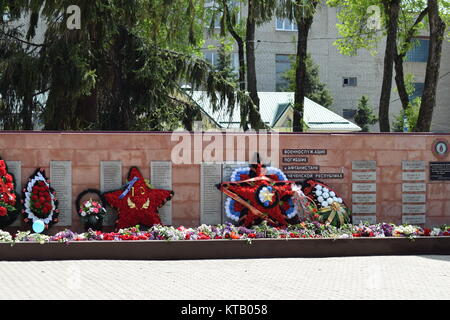 Dorf Poltawa. 9. Mai, 2015: Die legte Blumen auf das Denkmal zu Ehren eines der Tag des Sieges am 9. Mai Stockfoto