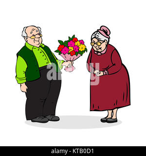 Gerne ältere Paare. Alter Mann mit einem Strauß Blumen. Ältere Männer gibt Blumenstrauß der älteren Dame. Lustig ältere Mann und eine Frau. Festlich alte Paar gekleidet. Bunte cartoon Vector Illustration auf weißem Hintergrund Stockfoto