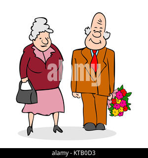 Gerne ältere Paare. Alter Mann mit einem Strauß Blumen. Ältere Männer gibt Blumenstrauß der älteren Dame. Lustig ältere Mann und eine Frau. Festlich alte Paar gekleidet. Bunte cartoon Vector Illustration auf weißem Hintergrund Stockfoto