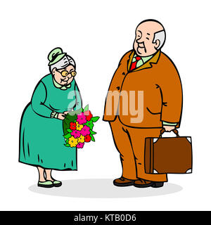 Gerne ältere Paare. Alter Mann mit einem Strauß Blumen. Ältere Männer gibt Blumenstrauß der älteren Dame. Lustig ältere Mann und eine Frau. Festlich alte Paar gekleidet. Bunte cartoon Vector Illustration auf weißem Hintergrund Stockfoto
