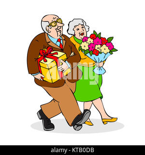 Gerne ältere Paare mit einem Blumenstrauß und ein Geschenk. Lustig ältere Mann und eine Frau gehen auf der Feier. Festlich alte Paar gekleidet. Bunte cartoon Vector Illustration auf weißem Hintergrund Stockfoto