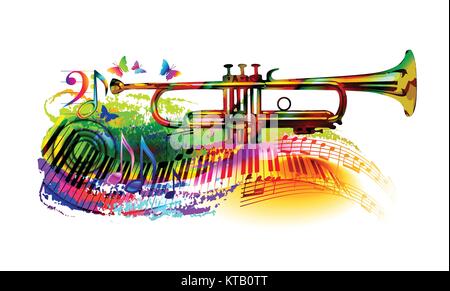 Bunte Musik Hintergrund mit Trompete, Piano, Keyboard, Noten und Schmetterling Stock Vektor