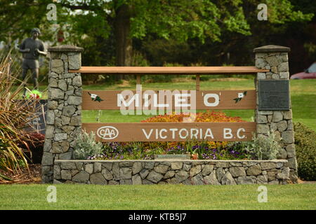 Der Start des Trans Canada Highway beginnt bei Meile Null in Victoria BC, Kanada. Stockfoto