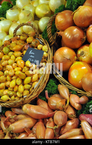 Verschiedene Arten oder Sorten von Zwiebeln auf ein frisches Obst und Gemüse am Borough Market in London. Schalotten, roten und weißen Zwiebeln in Körben. Stockfoto