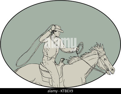 Cowboy Reiten Lasso Oval Zeichnung Stockfoto