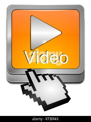 Orange Play Video Button mit Cursor - 3D-Darstellung Stockfoto