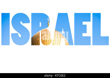 Wort ISRAEL über nationale Symbole. Stockfoto