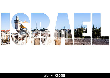 Wort ISRAEL über nationale Symbole. Stockfoto