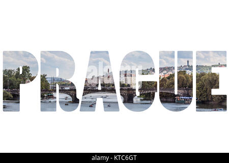 Wort Prag über Stadt Symbole. Stockfoto