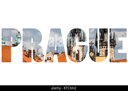 Wort Prag über Stadt Symbole. Stockfoto