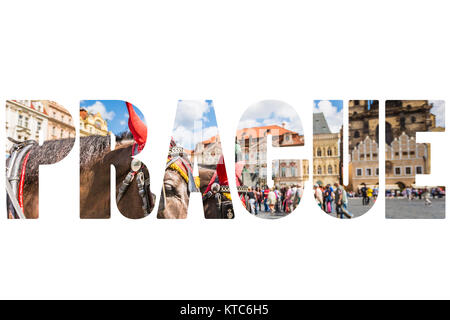 Wort Prag über Stadt Symbole. Stockfoto