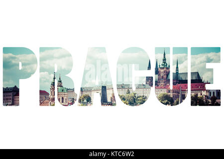 Wort Prag über Stadt Symbole. Stockfoto