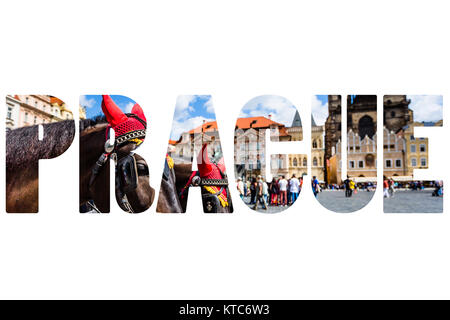 Wort Prag über Stadt Symbole. Stockfoto