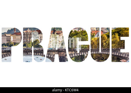 Wort Prag über Stadt Symbole. Stockfoto