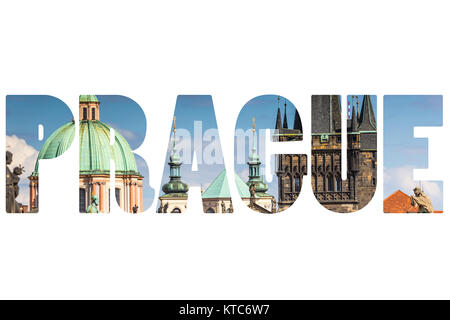 Wort Prag über Stadt Symbole. Stockfoto