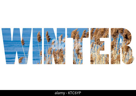 Wort WINTER über traditionelle polnische Landschaft. Stockfoto