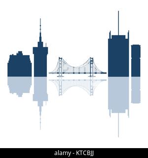 Silhouetten der Golden Gate, Hängebrücke und moderne Gebäude in den USA. Hohe Gebäude, Wolkenkratzer und Brücke. Stock Vektor