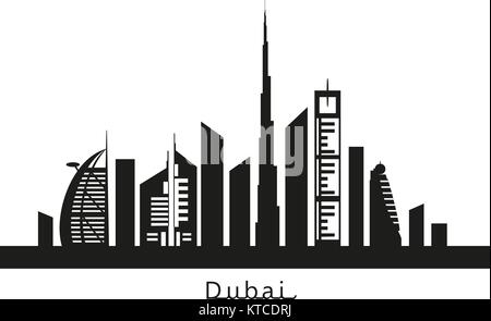 Dubai Stadt mit Wolkenkratzern und Wahrzeichen schwarze Silhouette Vector Illustration Stock Vektor