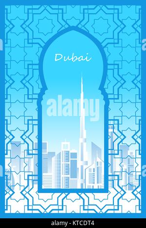 Dubai Stadt mit Wolkenkratzern und Wahrzeichen Vector Illustration. Blick durch traditionelle arabische Fenster. Stock Vektor