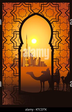 Drei camel Riders auf den Sonnenuntergang in der Wüste bei der Dubai Stadt Vector Illustration. Blick durch traditionelle arabesque Fenster. Stock Vektor