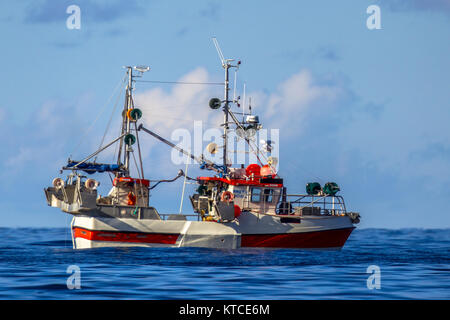 Nachhaltiges kommerzielles Makrele Hookline Fischereifahrzeug auf blauen Gewässern des norwegischen Fjord Stockfoto