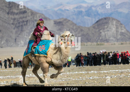 Camel Rider im Golden Eagle Festival in der Mongolei Stockfoto