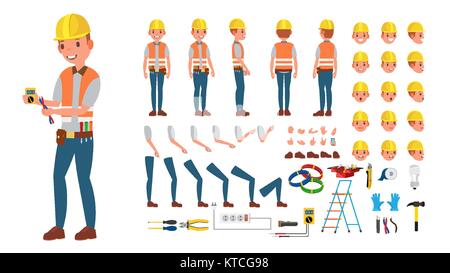 Elektriker Vektor. Animierte Figur Schöpfung gesetzt. Elektronische Werkzeuge und Ausrüstung. Volle Länge, vorne, seitlich, hinten, Zubehör, Posen, Gesicht Emotionen, Gesten. Isolierte flache Cartoon Illustration Stock Vektor