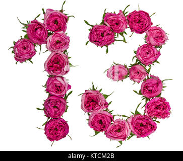 Arabische Zahlen 13, 13, von roten Blüten der Rose, auf weißem Hintergrund Stockfoto