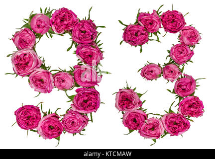 Arabische Zahlen 93, 90 drei, von roten Blüten der Rose, auf weißem Hintergrund Stockfoto