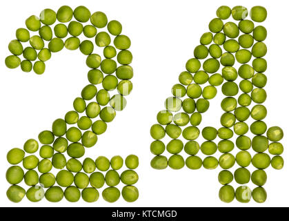 Arabische Zahlen 24, 24, von grünen Erbsen, auf weißem Hintergrund Stockfoto