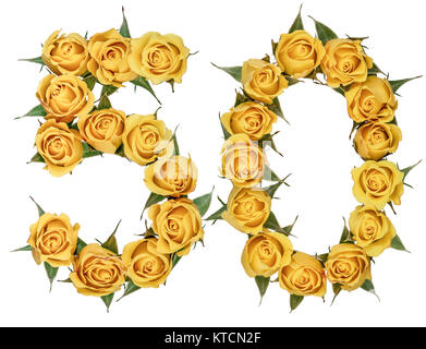 Arabische Zahlen 50, 50, von gelben Blumen aus Rose, auf weißem Hintergrund Stockfoto