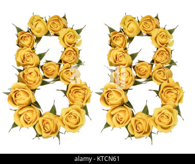 Arabische Zahlen 88, 80 Acht, von gelben Blumen aus Rose, auf weißem Hintergrund Stockfoto