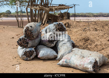 Säcke voller Kohle zum Verkauf. Es ist die Hauptquelle der Brennstoff in ländlichen Madagaskar, Afrika. Stockfoto