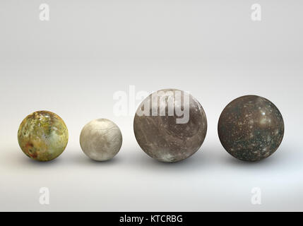 Dieses Bild stellt den Vergleich zwischen der Monde von Jupiter in der Größe Vergleich in einer genauen wissenschaftlichen Design. Stockfoto