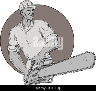 Holzfäller Baumzüchter Holding Kettensäge Oval Zeichnung Stockfoto