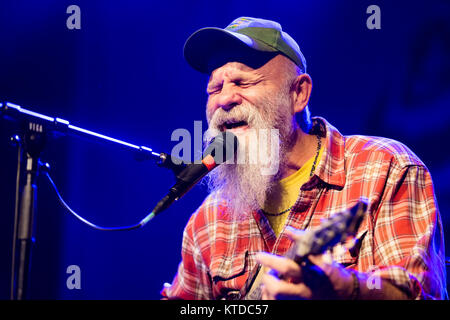 Die amerikanische Blues Musiker und Sänger Steven gen Wold ist am besten bekannt unter seinem Künstlernamen Seasick Steve und hier führt ein Live Konzert bei VEGA in Kopenhagen. Dänemark, 21/10 2013. Stockfoto