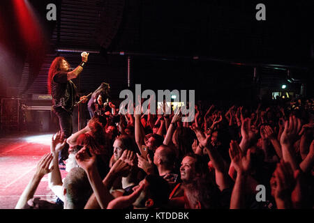 Dänemark, Kopenhagen - August 6, 2017. Die amerikanische Thrash Metal Band Testament führt ein Live Konzert in den Amager Bio in Kopenhagen. Hier Sänger Chuck Billy ist live auf der Bühne gesehen. Stockfoto