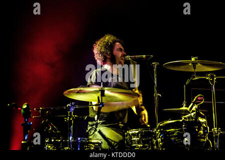 Die amerikanische Rockband The Dandy Warhols führt ein Live Konzert in den Amager Bio in Kopenhagen. Hier Schlagzeuger Brant DeBoer gesehen wird live auf der Bühne. Dänemark, 25.02.2017. Stockfoto