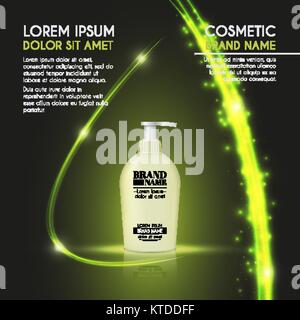 3D realistische kosmetische Flasche ads Vorlage. Kosmetische Marke Werbung Konzept Design mit leuchtenden funkelt und glitzert Abstrakt Hintergrund. Stock Vektor