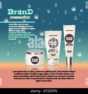 3D realistische kosmetische Flasche ads Vorlage. Kosmetische Marke Werbung Konzept Design mit Wasser blasen und Wassertropfen Hintergrund. Stock Vektor