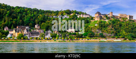 Eindrucksvolle Burg Rheinfels, Rhein, Fluss, Panoramaaussicht, Deutschland. Stockfoto