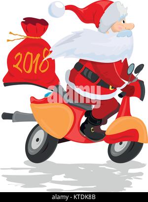 Santa Claus mit einem Geschenk Sack, ein Scooter. Stock Vektor