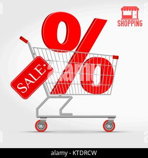 Realistische Vektor Supermarkt Warenkorb mit einem großen Verkauf Prozent 3 D-Schild Stock Vektor